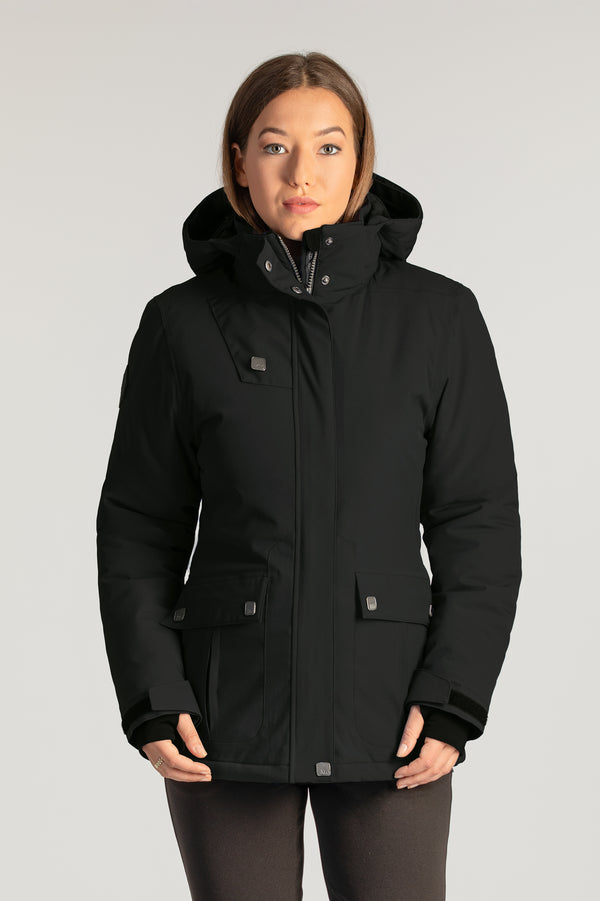 Manteau d'hiver corporatif noir pour les entreprises. Éco-responsable avec tissu recyclé pour femme allant jusqu'à Taille Plus.