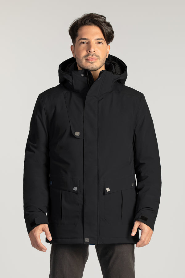 Manteau d'hiver corporatif noir pour les entreprises. Éco-responsable avec tissu recyclé pour homme allant jusqu'à Taille Plus.