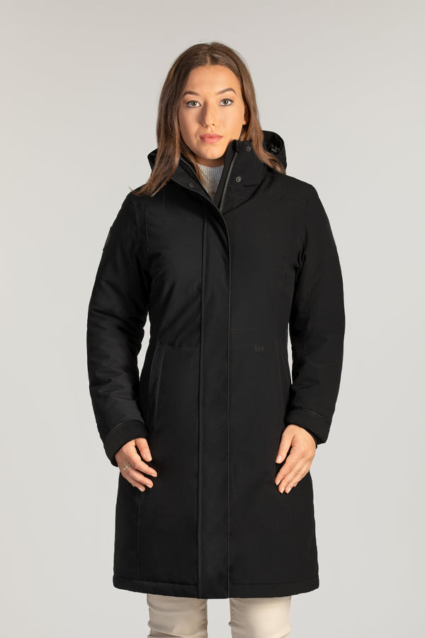 Manteau d'hiver corporatif noir pour les entreprises. Éco-responsable avec tissu recyclé pour femme allant jusqu'à Taille Plus. Parka chaude