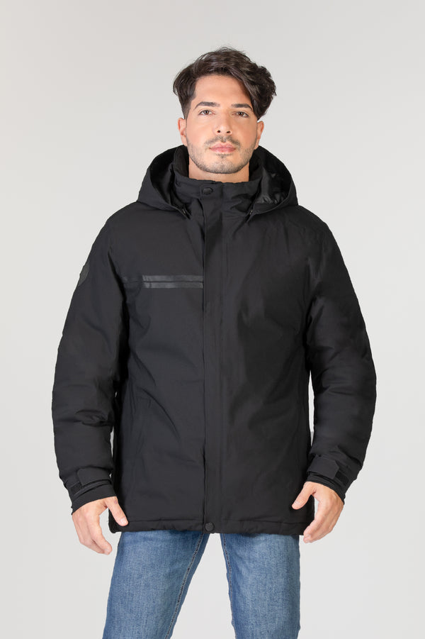 Manteau d'hiver corporatif noir pour les entreprises. Éco-responsable avec tissu recyclé pour homme allant jusqu'à Taille Plus.