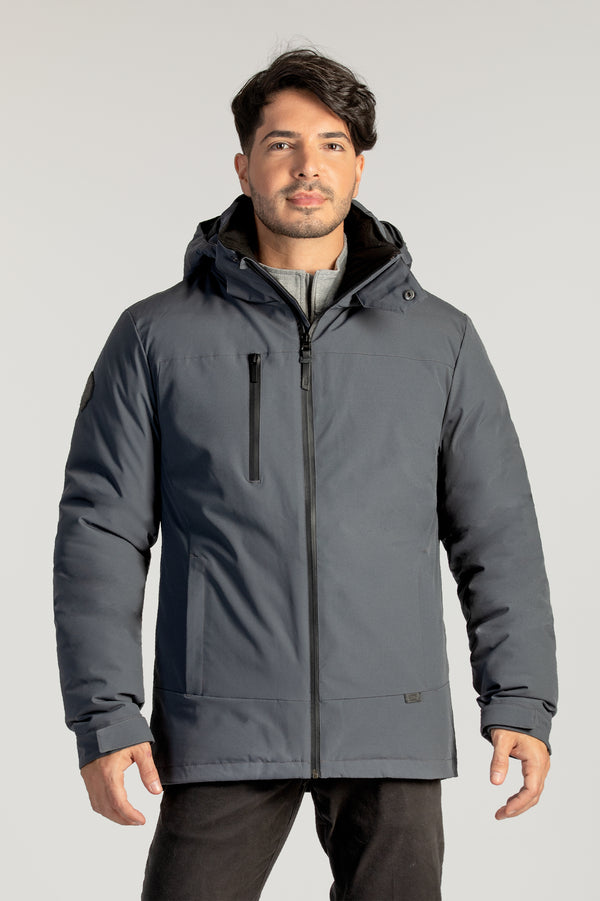 Manteau d'hiver corporatif gris pour les entreprises. Éco-responsable avec tissu recyclé pour homme allant jusqu'à Taille Plus.