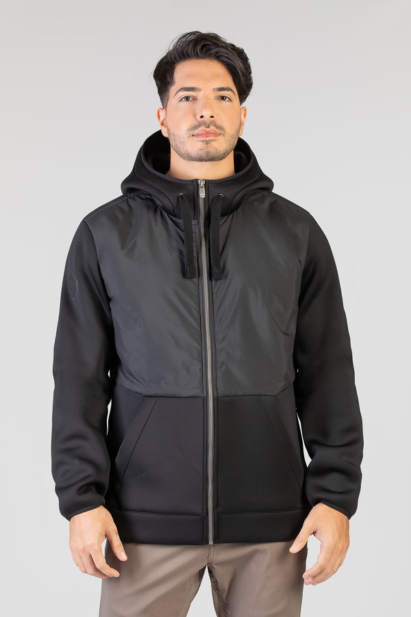 Manteau corporatif en scuba type softshell pour les équipes, employés, entreprises. Éco-responsable avec tissu recyclé noir pour homme allant jusqu'à Taille Plus.