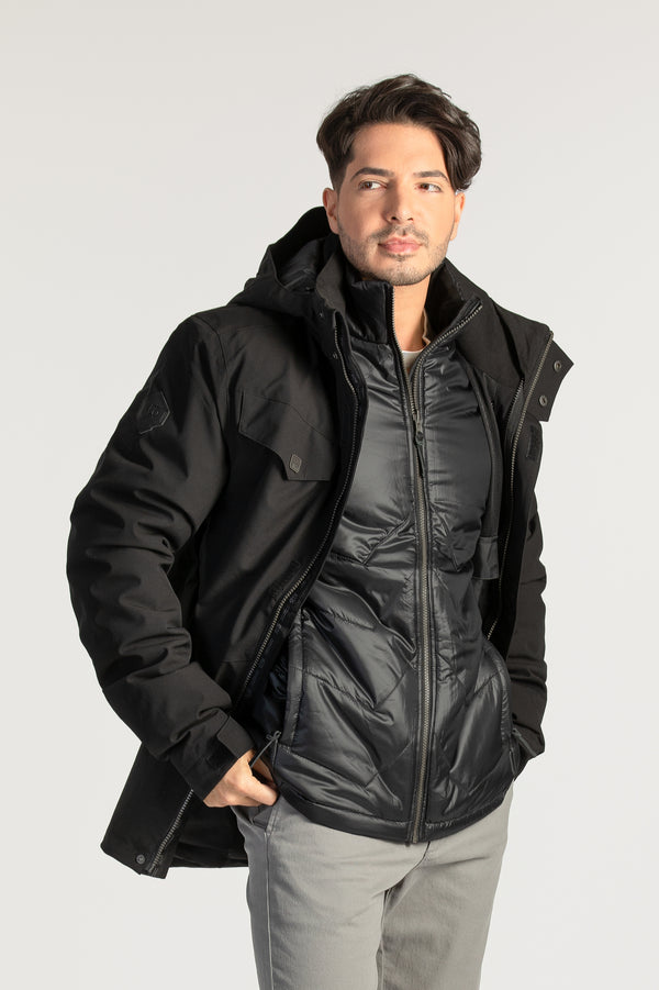 Manteau 3 dans 1 corporatif noir pour les entreprises. Éco-responsable avec tissu recyclé pour homme allant jusqu'à Taille Plus.