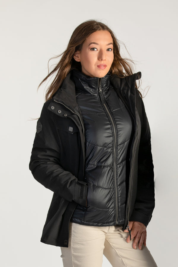Manteau 3 dans 1 corporatif noir pour les entreprises. Éco-responsable avec tissu recyclé pour femme allant jusqu'à Taille Plus.