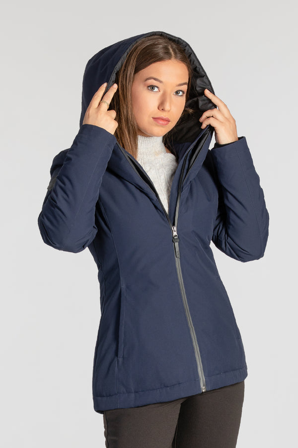 Manteau isolé corporatif marine pour les entreprises. Éco-responsable avec tissu recyclé pour femme allant jusqu'à Taille Plus.