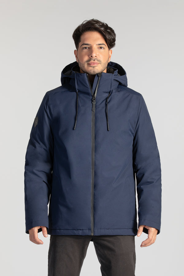 Manteau isolé corporatif marine pour les entreprises. Éco-responsable avec tissu recyclé pour homme allant jusqu'à Taille Plus.
