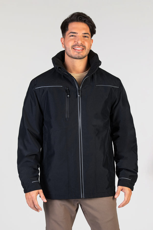 Manteau isolé corporatif noir pour les entreprises. Éco-responsable avec tissu recyclé pour homme allant jusqu'à Taille Plus. Réfléchissant pour les travailleurs.