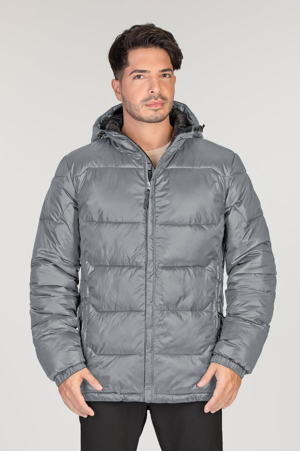 Manteau d'hiver corporatif gris pour les entreprises. Éco-responsable avec tissu recyclé pour homme allant jusqu'à Taille Plus.