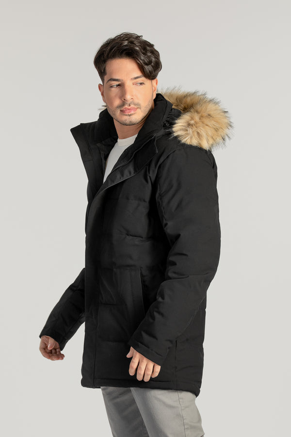 Manteau d'hiver corporatif bleu pour les entreprises. Éco-responsable avec tissu recyclé pour homme allant jusqu'à Taille Plus. Parka chaud.