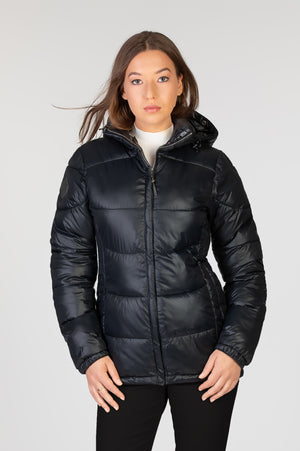 Manteau d'hiver corporatif noir pour les entreprises. Éco-responsable avec tissu recyclé pour femme allant jusqu'à Taille Plus.