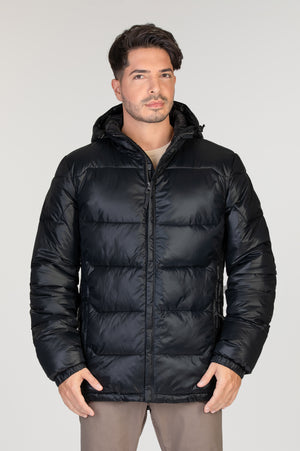 Manteau d'hiver corporatif noir pour les entreprises. Éco-responsable avec tissu recyclé pour homme allant jusqu'à Taille Plus.